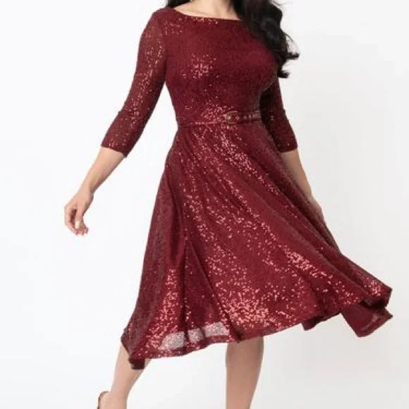 NWOT Unique Vintage Burgundy Sequin Sparkle Dress size medium 6/8 - Picture 1 of 5